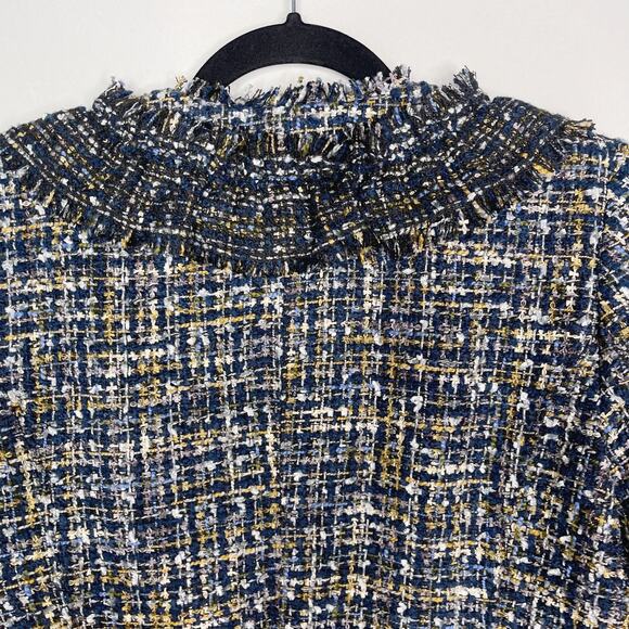 New Ann Taylor 4 Blue Black Ruffle Tweed Peplum Jacket Blazer Hook Eye Front - Picture 7 of 14